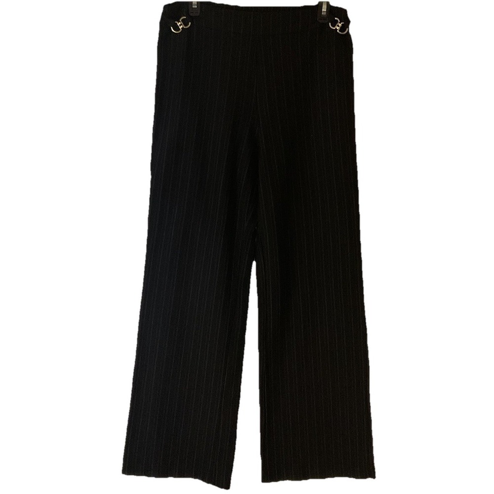 New York & Company Wide Bottom Pinstripe SZ L Black Stretch Dress Workwear Pants